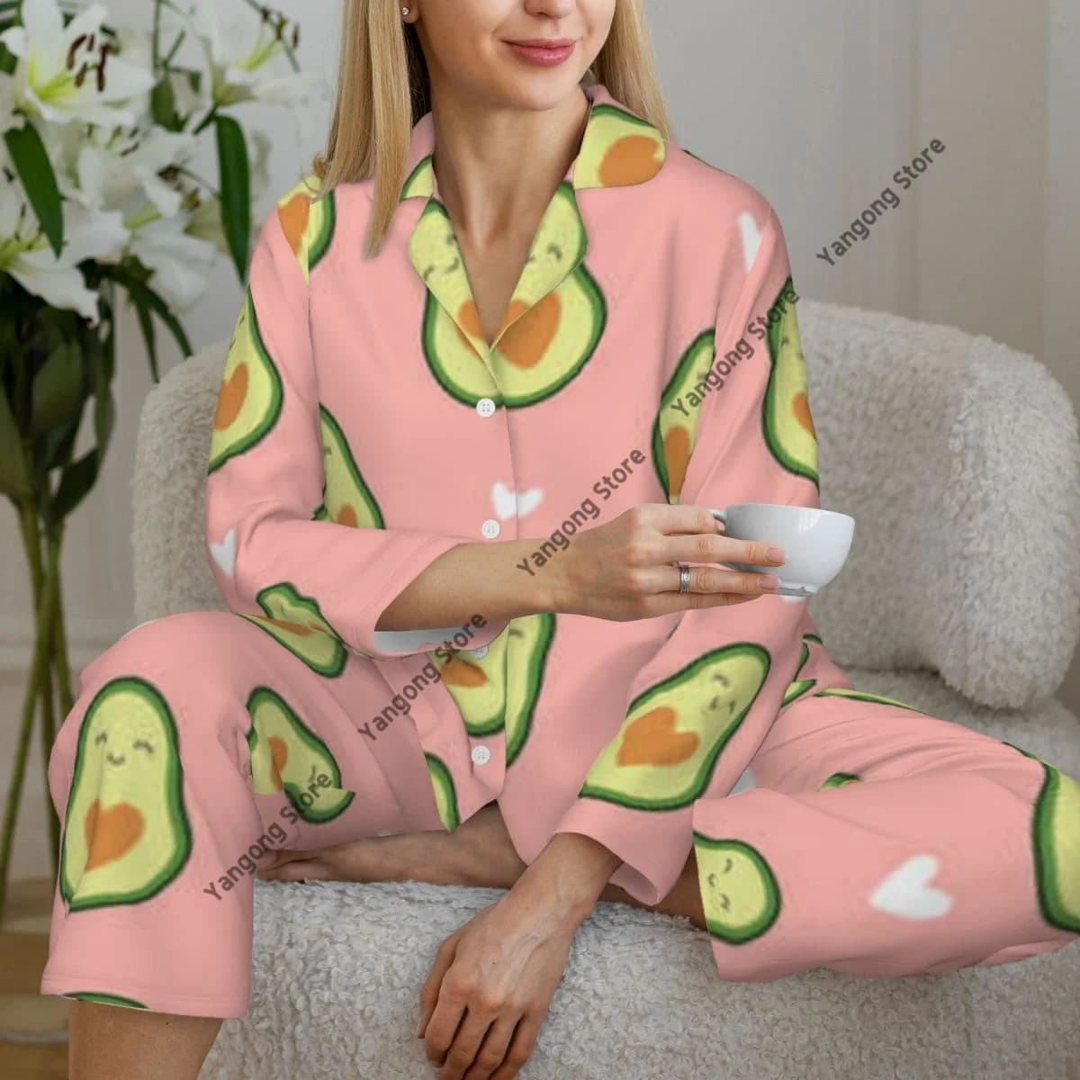 Women Sleepwear Pajamas Cute Avocado With Hearts Shapes Long Sleeve Pijama Female Set Negligee Cardigan Suit