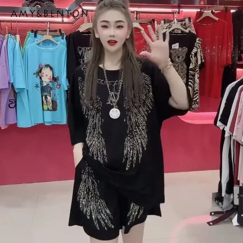 Women's Clothing Heavy Embroidery Diamond Drills Suit Summer Two-Piece Set Oversized Casual T-shirt And Shorts 2-Piece Outfits