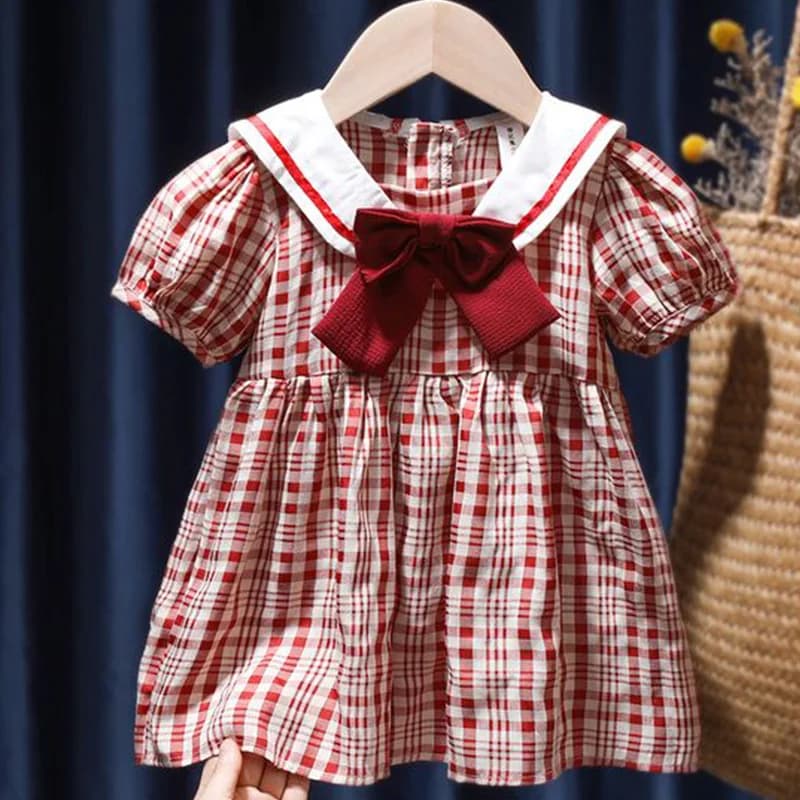 Lovely Clothing Round Neck Patchwork Bow Korean Children's Clothing 2023 Summer Plaid Printing Short Sleeve Girl Princess Dress