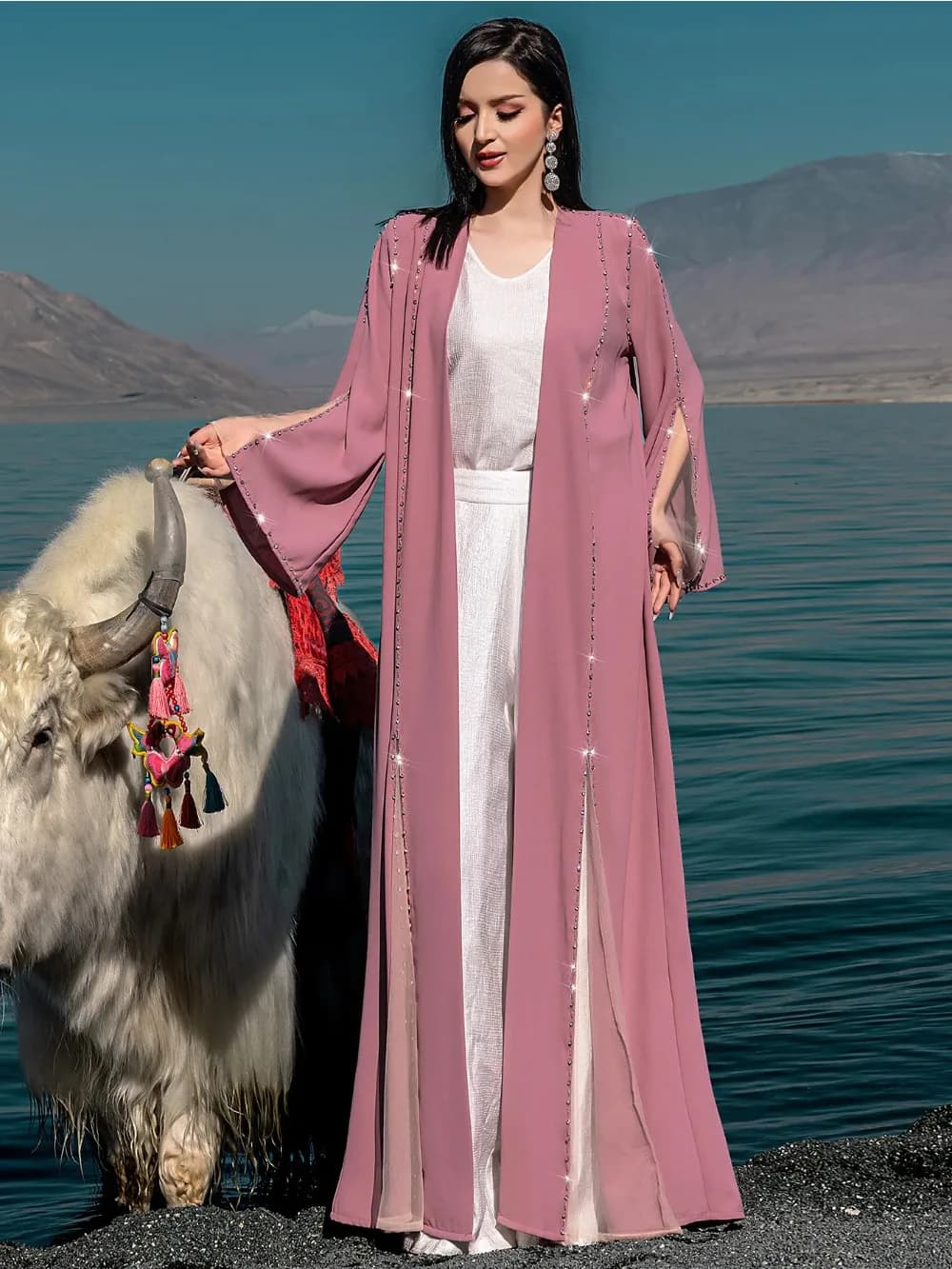Elegant Beading Abaya Women Cardigan Long Robe Ramadan Morocco Dubai Abayas Kaftan Islam Eid Muslim Vestidos Jalabiya Dresses