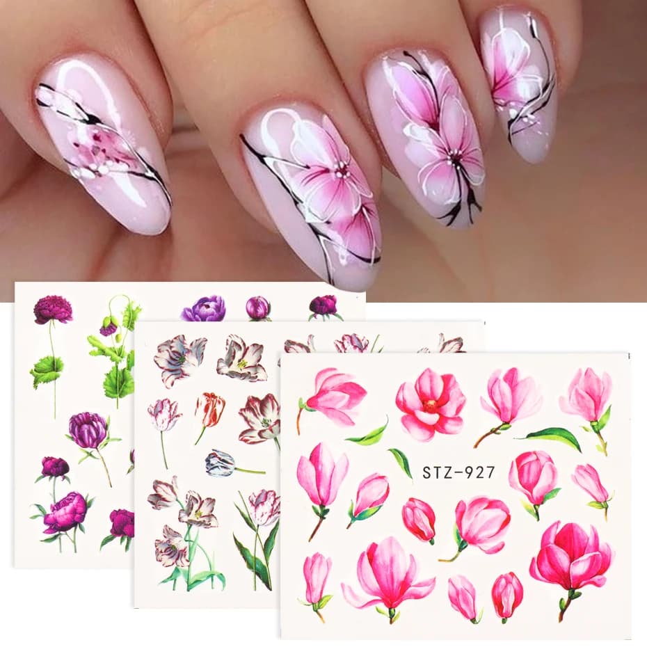 1pcs Flower Series Nail Water Decal Sticker Floral Sakura Daisy Rose Leaf Transfer Slider Foil Nail Decoration SASTZ922-957-1