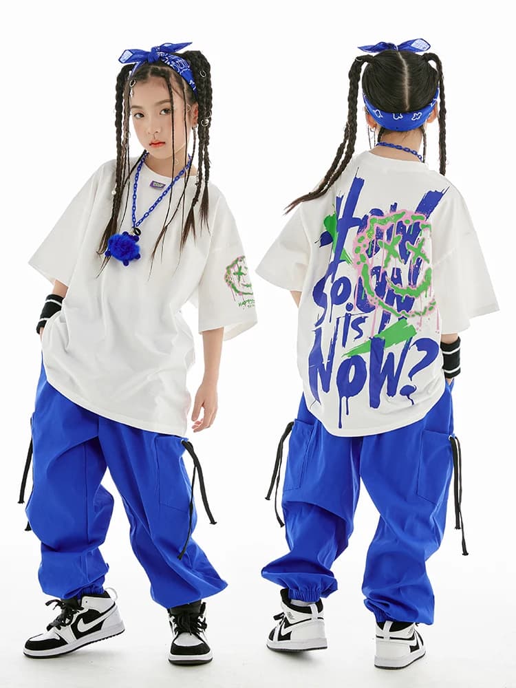 Jazz Dance Clothes Boys Girls Hip Hop Costume Loose Shirt Blue Pants Boys Breaking Street Dance Outfit Short Sleeves Suit