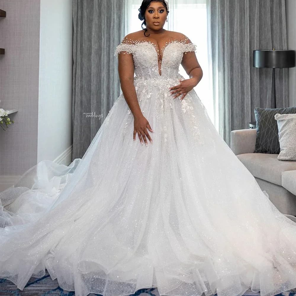 Customized  Off The Shoulder Shinny Beads A-Line Wedding Dress Sweep Train Vestido De Casamento Tulle Lace Appliques Bridal Gown