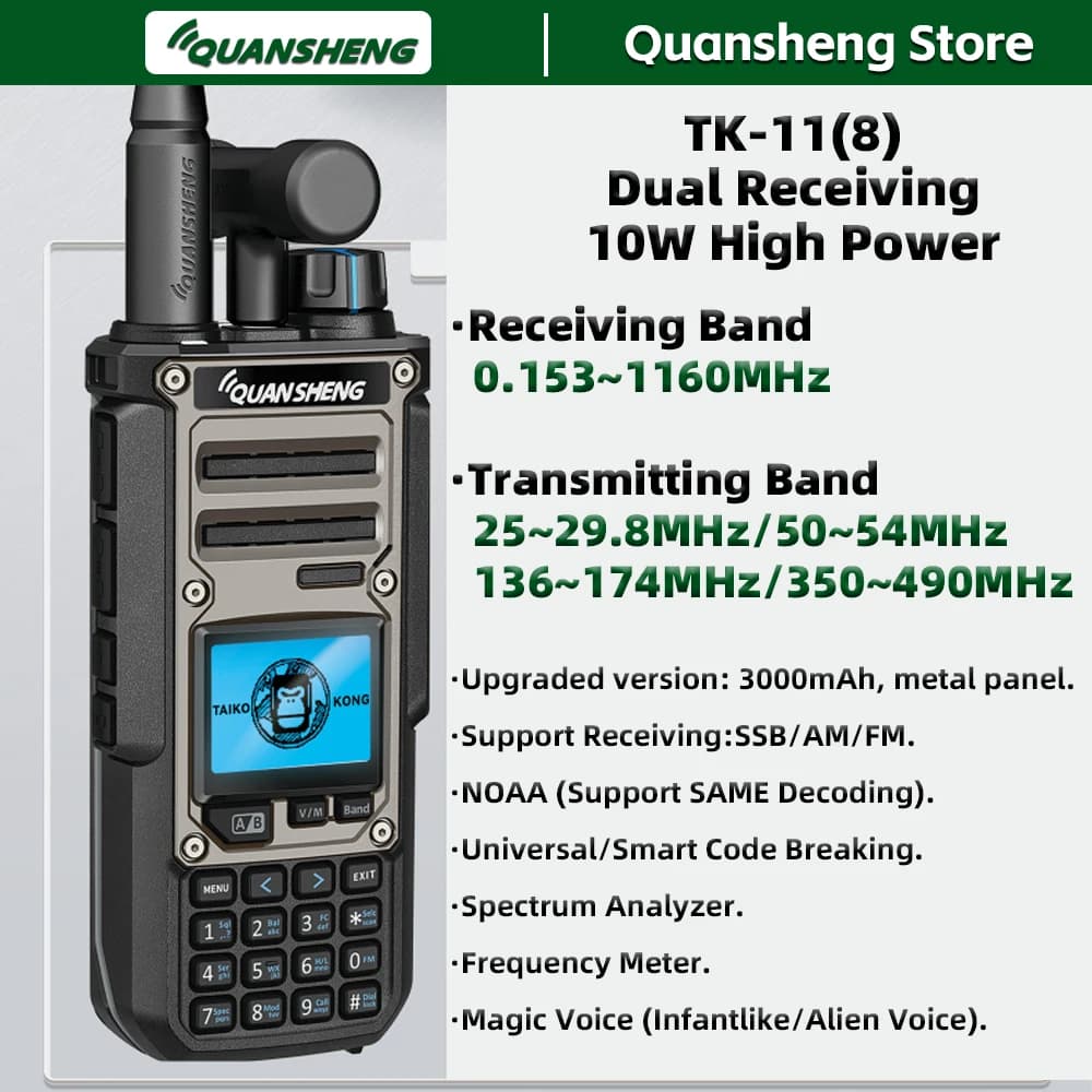 Quansheng TK11 8 Walkie Talkie Two Way Radio Portable Long Range 10W Transceiver Ham Amateur CB Shortwave Receiver AM FM NOAA