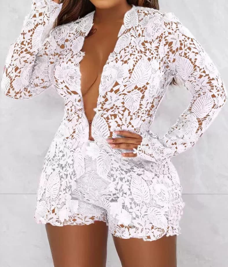 Elegant Temperament Two Piece Set Women Outfit 2024 Summer Sexy Night Out Long Sleeve Guipure Lace Top & Fashion Shorts Set