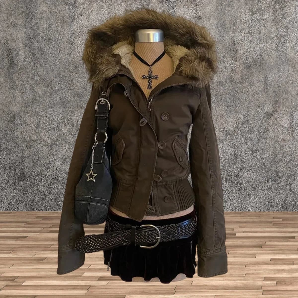 Vintage sle coat can accommodate brown fce lining jaet women's slim and fur button button details long sve zipper cl ...