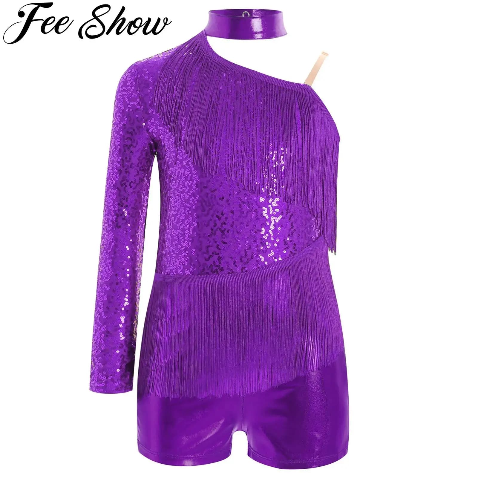 Kids Girls Jazz Latin Dance Costume Halter Metallic Sequins Tassel Leotard Jumpsuit Cha-Cha Tango Salsa Performance Dancewear
