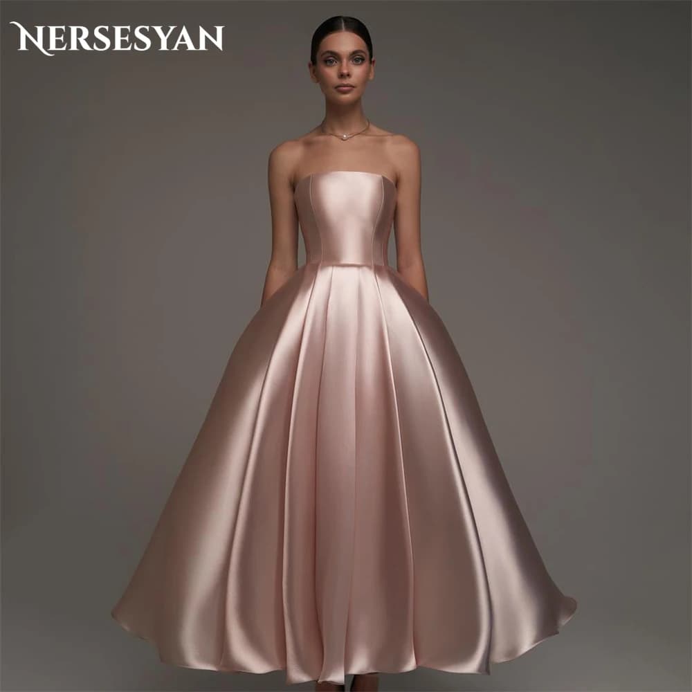 Nersesyan Blush Pink Satin Prom Gowns Off Shoulder A-Line Backless Sleeveless Evening Dresses Strapless Party Dress Customized
