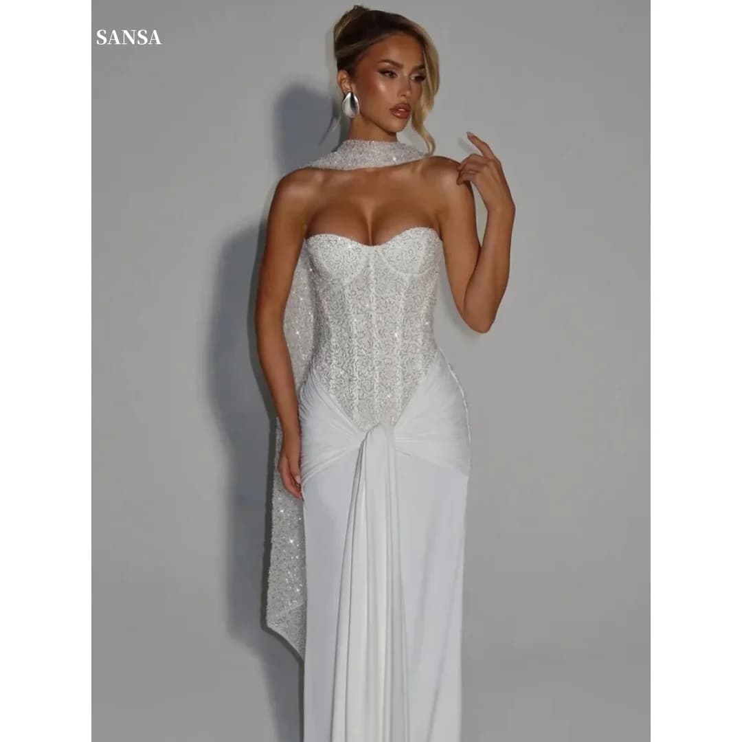 Sansa Customized White Sequin Long Silk Scarves Prom Dresses Strapless فساتين للمناسبات الخاصة Backless vestidos de festa 2025