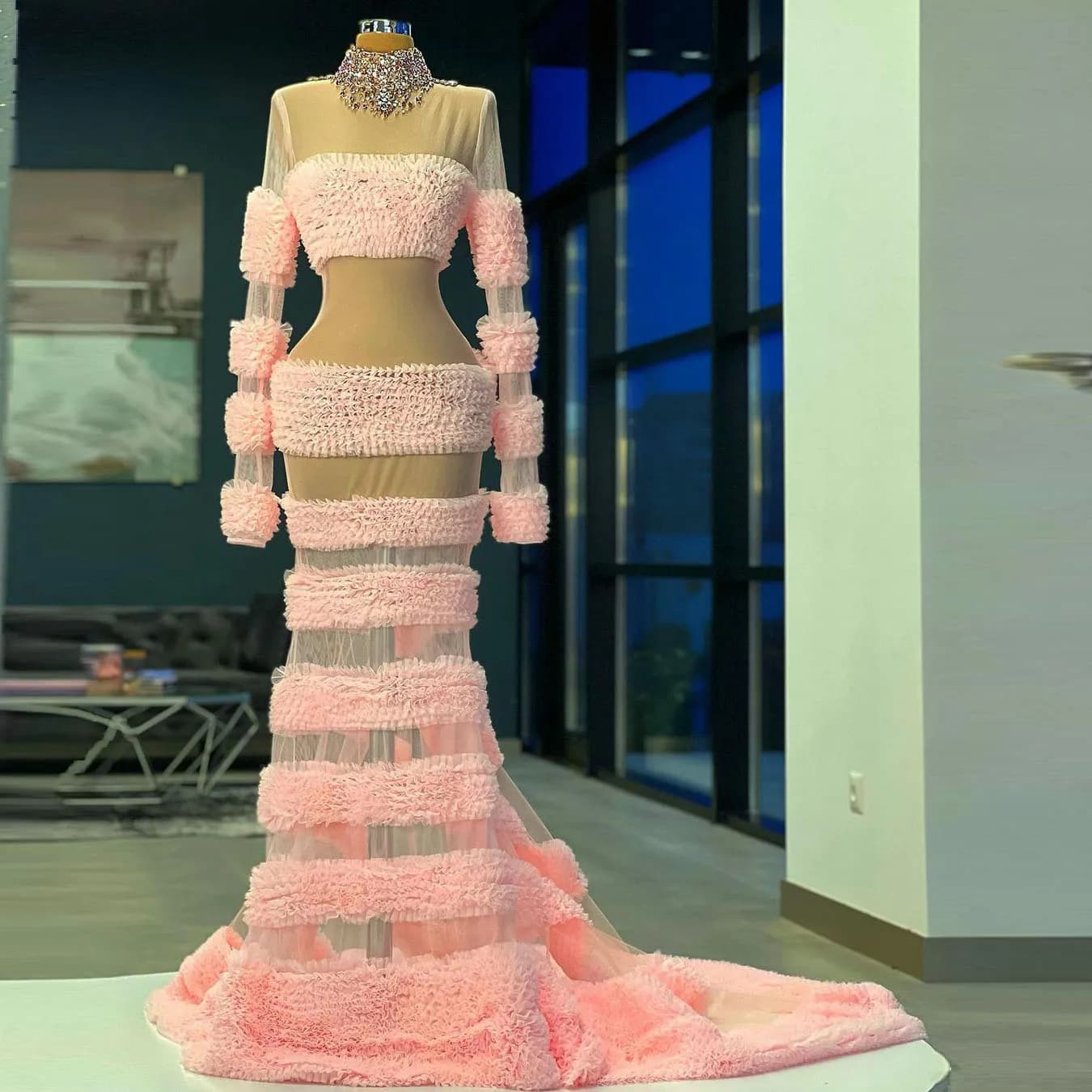 Pink Fashion Sexy Mermaid Prom Dresses Long Sleeves See Thru Tulle Pleated Crystals Women Evening Pageant Gowns Custom Made