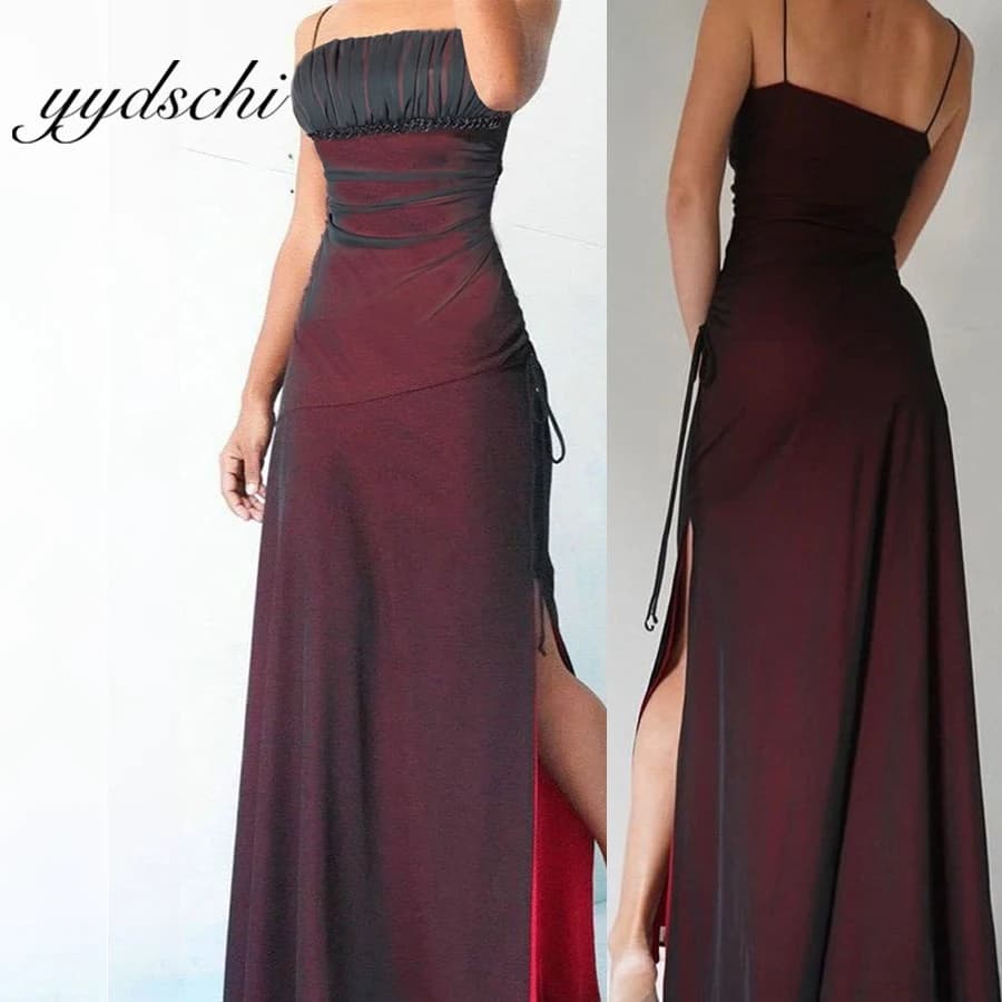 Customized Dark Red Spaghetti Straps Mermaid Prom Gown 2025 Sexy High Side Slit Party Tulle Floor Length Evening Dresses Women