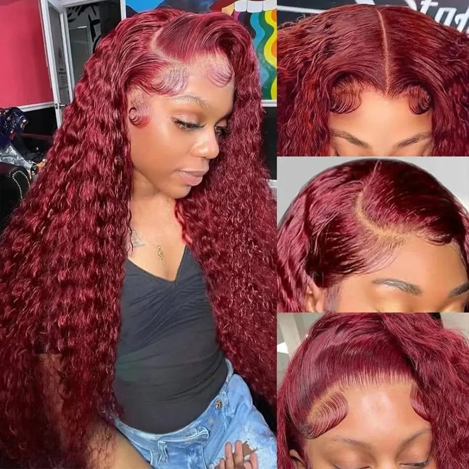 200 Density 99j Burgundy 13x4 13x6 Full Frontal Lace Preplucked Colored Deep Wave Frontal Wig HD Transparent Lace Human Hair Wig