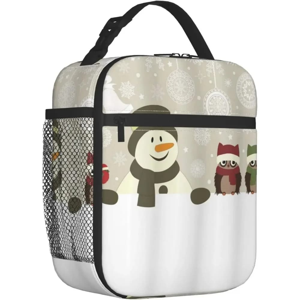 Lunch Bag for Women Men Insulated Snowman Owls in Snowy Winter Day with Jingle Bells Snowflake Insulatedreusable Lunch Box