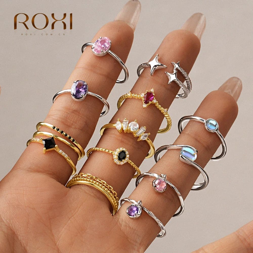 ROXI 925 Sterling Silver Simple Geometric Black/Red/Pink/Purple Colored Zircon Ring For Women Men Adjustable Wedding Party Ring