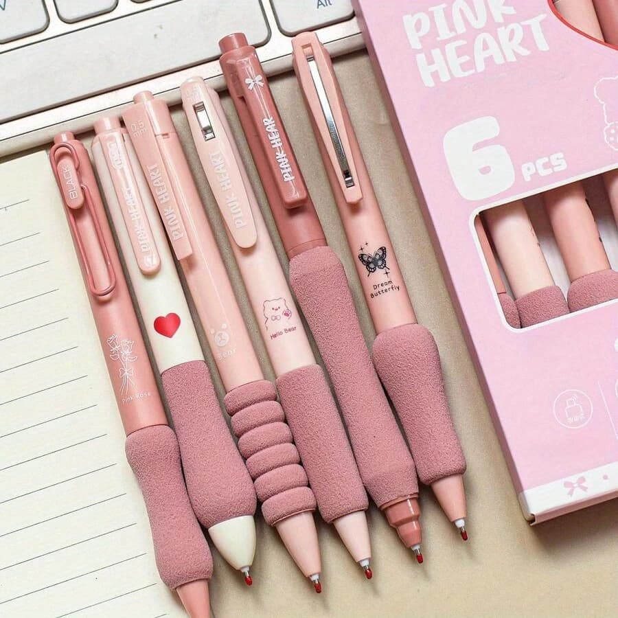 6 pcs/set 0.5mm retractable gel pen, Kawaii stationery, black gel pens, aesthetic pens