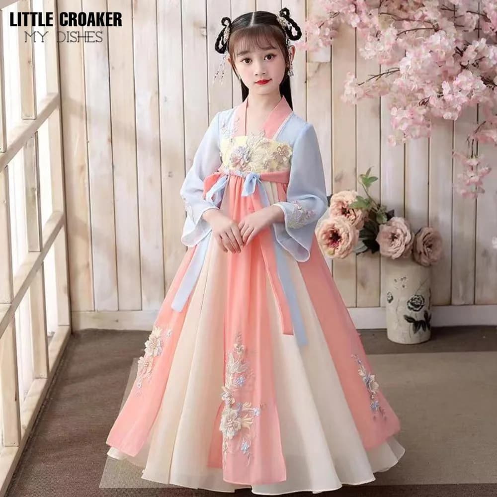 Chinese Traditional Clothes Kids Girl Hanfu Long Sleeve Princess Dress with Hair Accessories Children's Ancient Costume Cosplay
