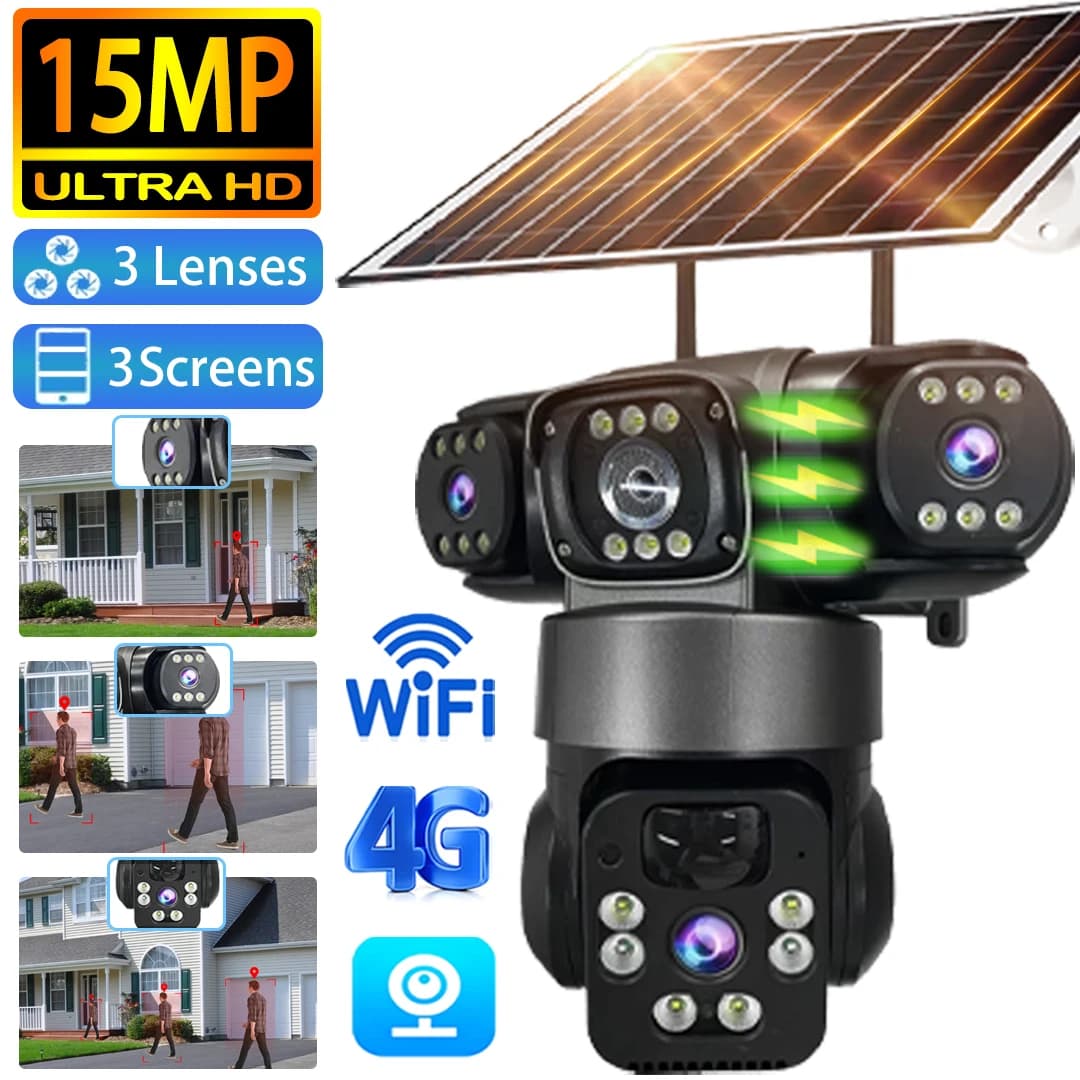 15MP 3 Lens 3 Screens Wifi Or 4G Sim Solar Camera Outdoor Surveillance Wireless Cctv PTZ IP66 Security Solar Panel Cameras V380