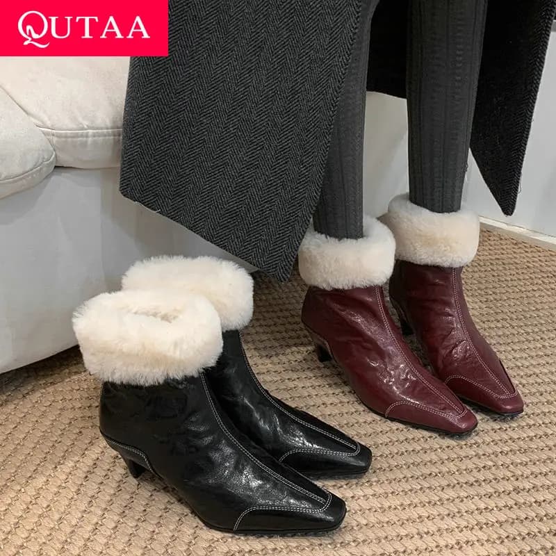 QUTAA 2025 Fashion Women Ankle Boots Plush Warm Leather Short Boots Pointed Toe Winter Mid Heel Shoes Woman Black Size 34-39