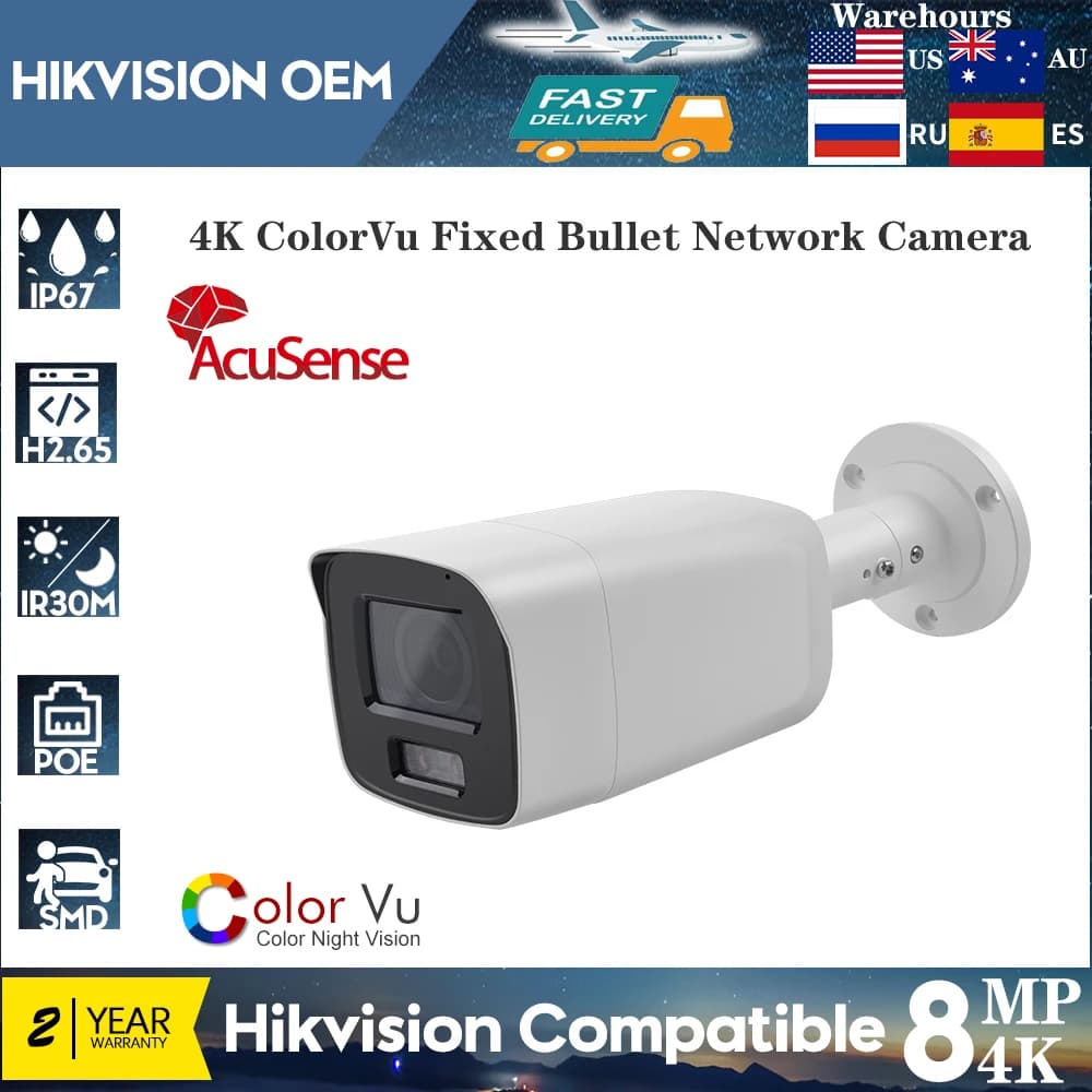 Hikvision OEM 8MP IP Camera Full Color H.265+ Bullet DS-2CD2087G2-LU ColorVu Network AcuSense PoE Microphone Video Surveillance
