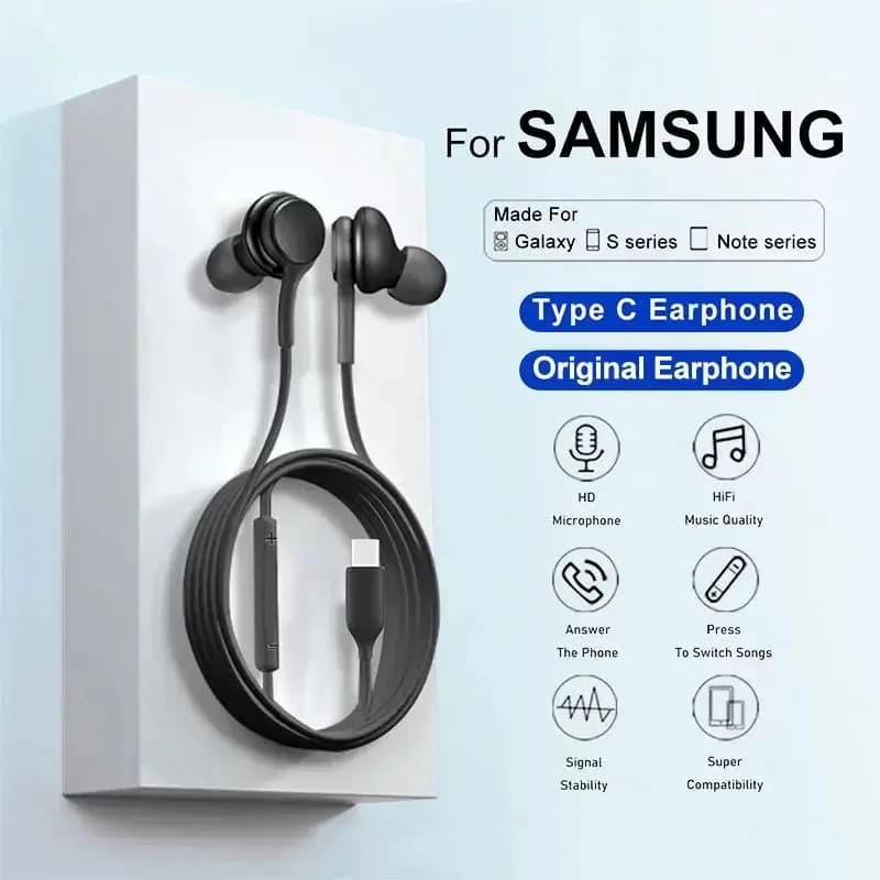 Type C Wired Earphone For Samsung Galaxy S23 S21 S22 Ultra Plus 3.5 mm Earbuds Headphones A54 A34 A53 A53 Accessories