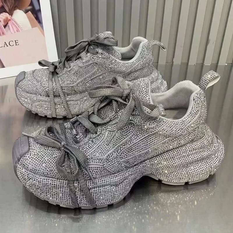 Spring Autumn Fashion New Women'S Silver Rhinestone Dad Sports Shoes Comfortable Outdoor Thick Sole Lace Up Casual Sneakers ﻿