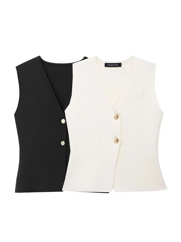 KAOPU ZA Women with gold button knit waistcoat top vintage v-neck sleeveless button-up female waistcoat chic tops