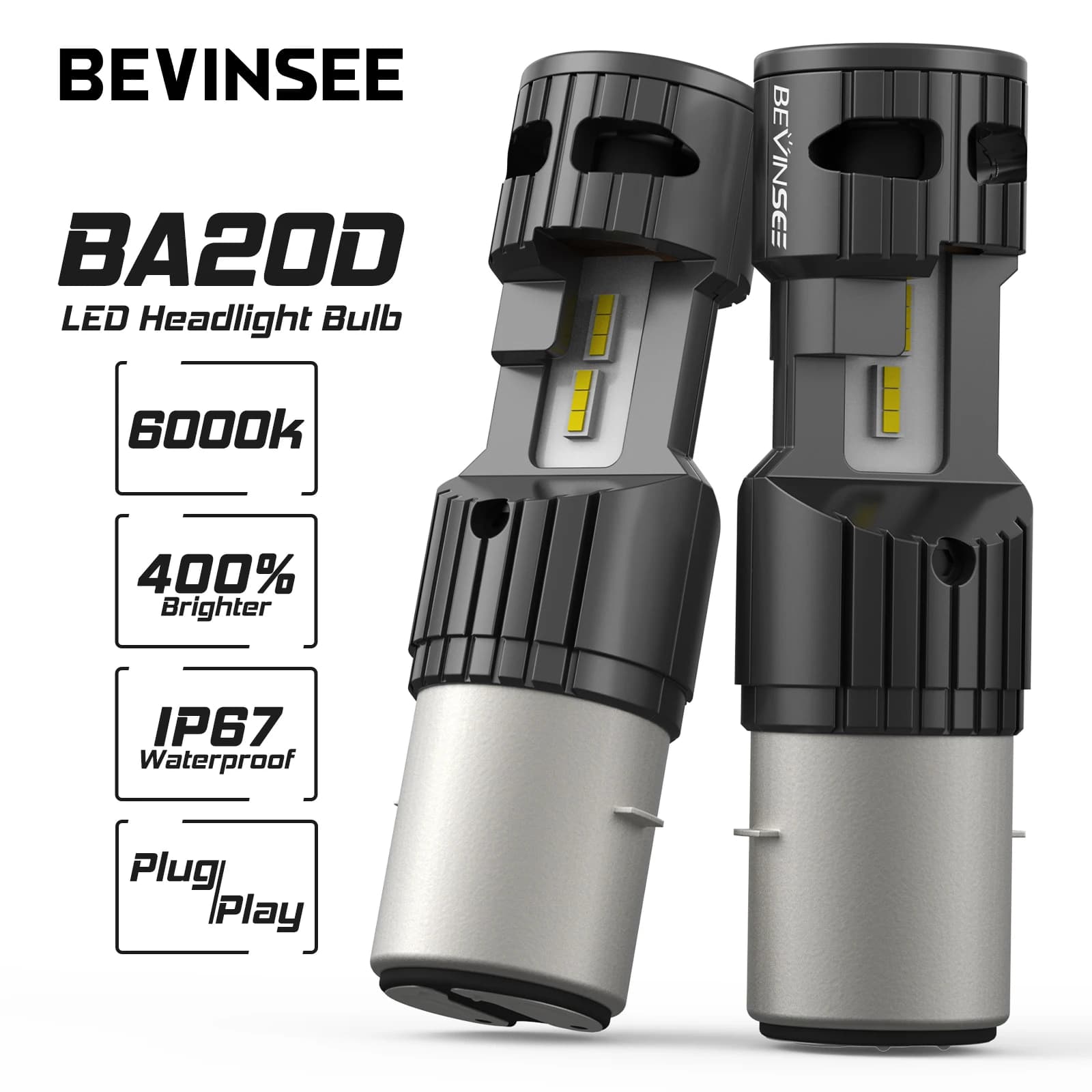 BEVINSEE BA20D LED Motorcycle Headlight Bulb 12V H6 LED Moto Headlamp Hi-Lo Beam Plug&Play Fanless Wireless Non-polarity 6000K