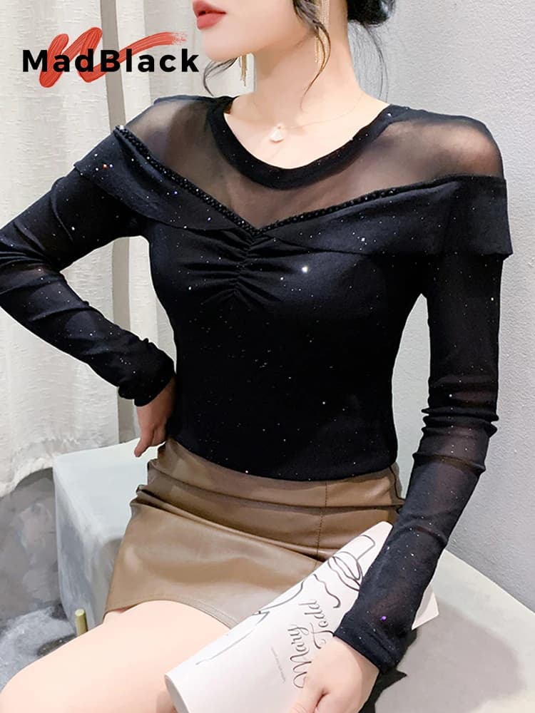 MadBlack-Women's European T-Shirt, Sexy O Neck Beading Top, Streetwear Long Sleeve Slim Mesh Patchwork Tee, Fall Winter T4N405CC