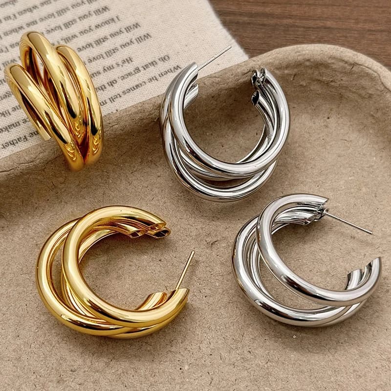 Simple Metal C Shape Dangle Earrings for Women Trendy Retro Three Layer Personality Geometry Drop Earrings Round Circle Jewelry