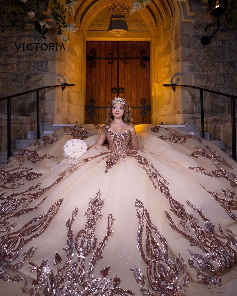 Exquisite Champagne Strapless Sequin Applique Quinceanera Dresses Birthday Luxury Dress Graduation Party Ball Gown Customized