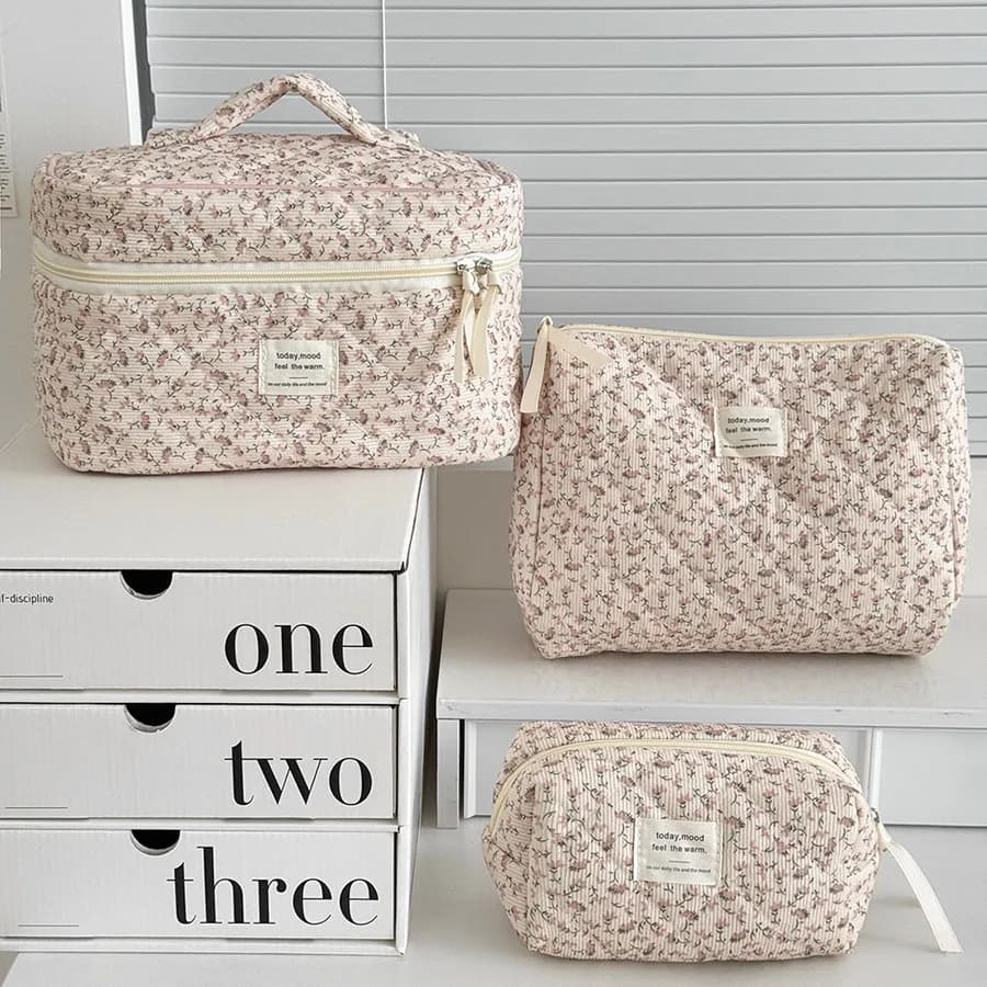 Women Floral Print Cosmetic Pouch Handbag Travel Orgainzer Make Up Storage Bag Large Capacity Quilted Bag For Gift