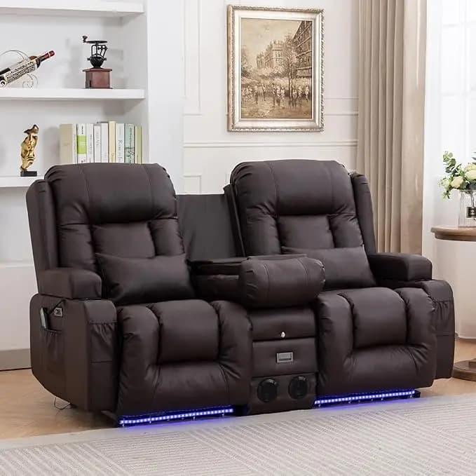 67" Power Reclining Loveseat Sofa, Electric Home Theater Seating with Console/4 Colors Ambient Lighting/Bluetooth Speakers