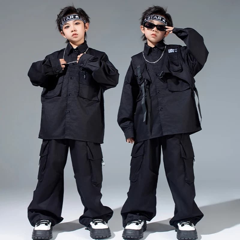 Black Dance Suit For Hip Hop Street Dance Stage Costume Children Jazz Kpop Drum Performance Suit Boys Oversize Shirt Pants 2206