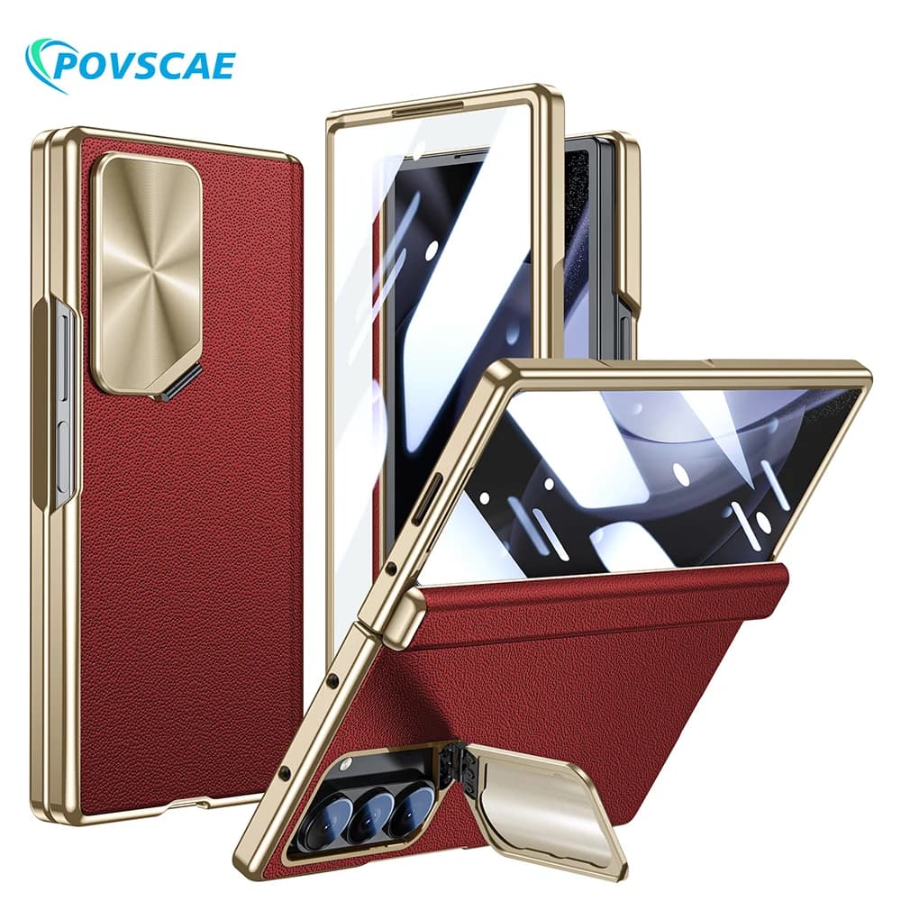 For Samsung Galaxy Z Fold 6 Case with Camera Cover Holder Genuine Leather Electroplating Slim Magnetic Hinge Protection Cases