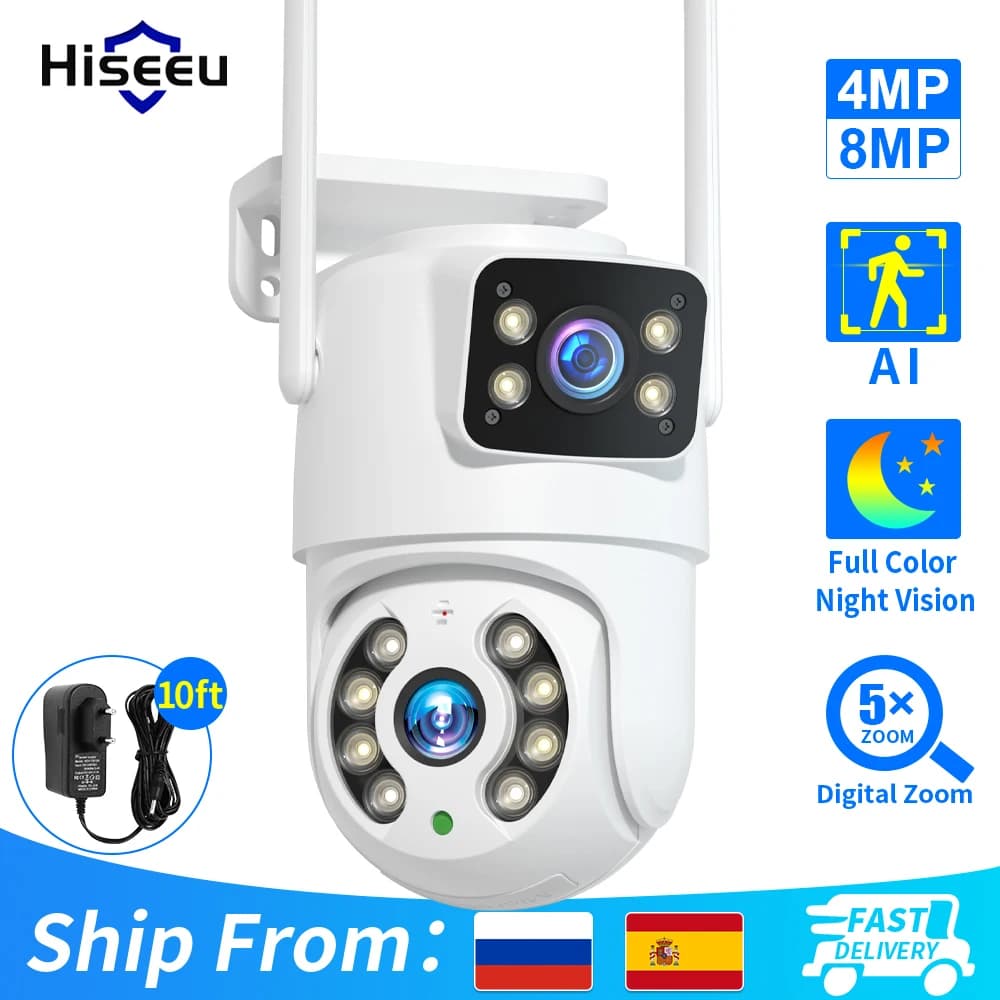 Hiseeu 4K 8MP HD Wifi PTZ Camera Dual Lens Outdoor IP Camera Auto Tracking Security Protection CCTV Surveillance iCsee APP