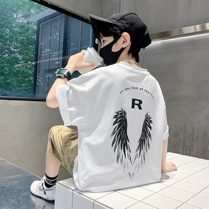 Graphic Angel Wing Tee Shirts cool Boys  Kids Aesthetic Summer Clothes For Teens Blouses Harajuku Shirt Cute Tops Boy T-shirt