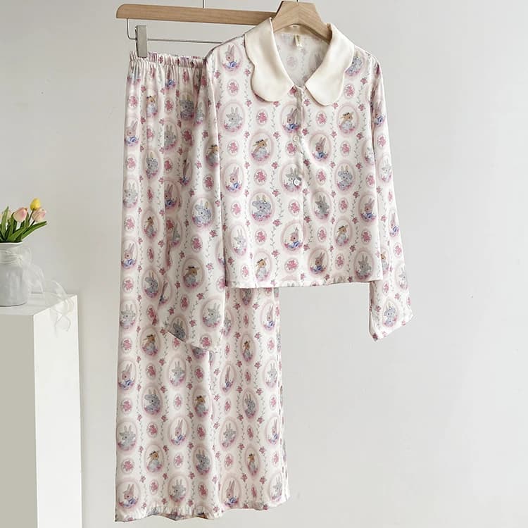 Spring Autumn New Female Pajamas Trouser Suits Sweet Print Cartoon Lounge Wear Sleepwear Lingerie Loose Satin Home Wear Pyjama