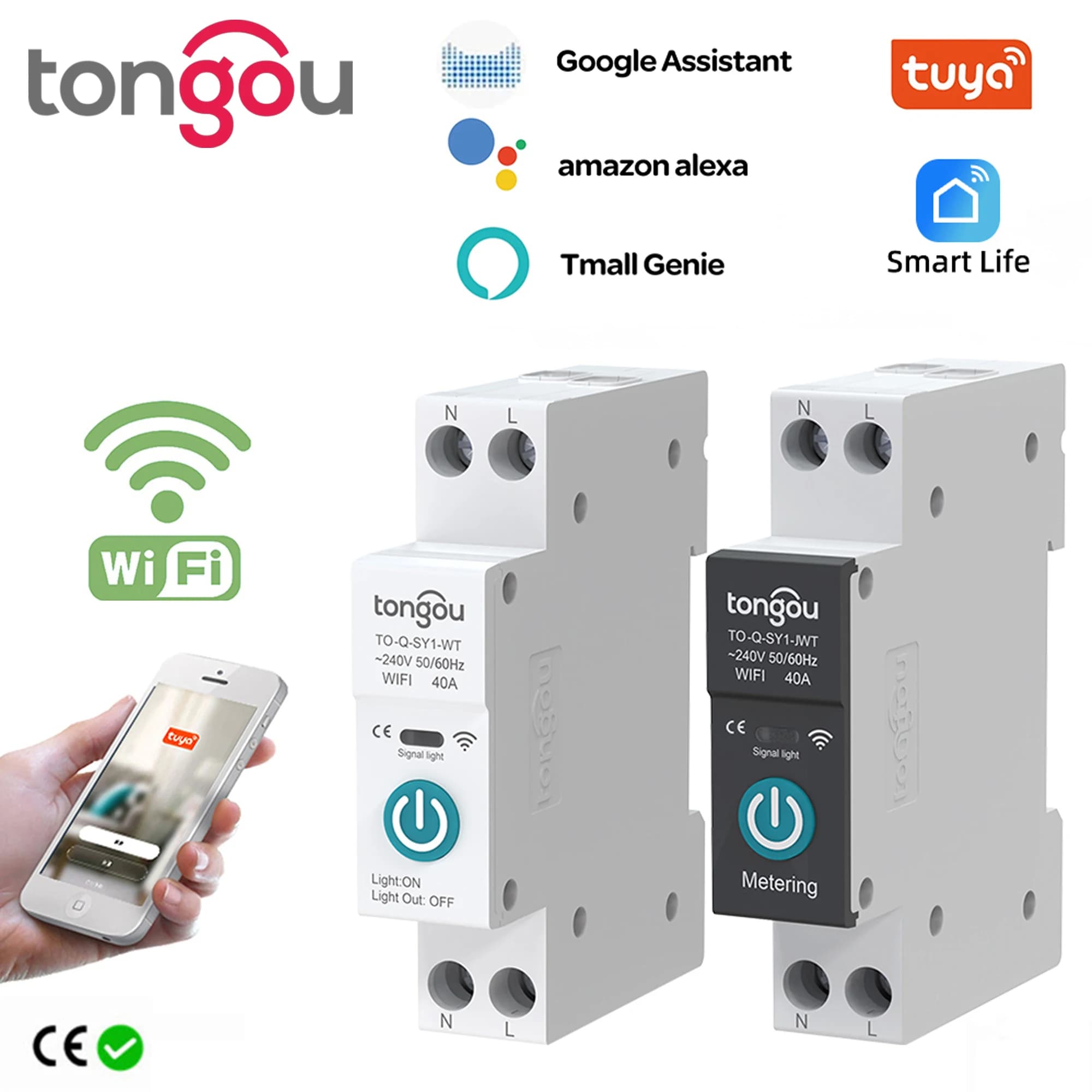 TUYA WIFI Smart Circuit Breaker Power Metering 1P 63A DIN Rail for Smart Home wireless Remote Control Smart Switch by APP TONGOU