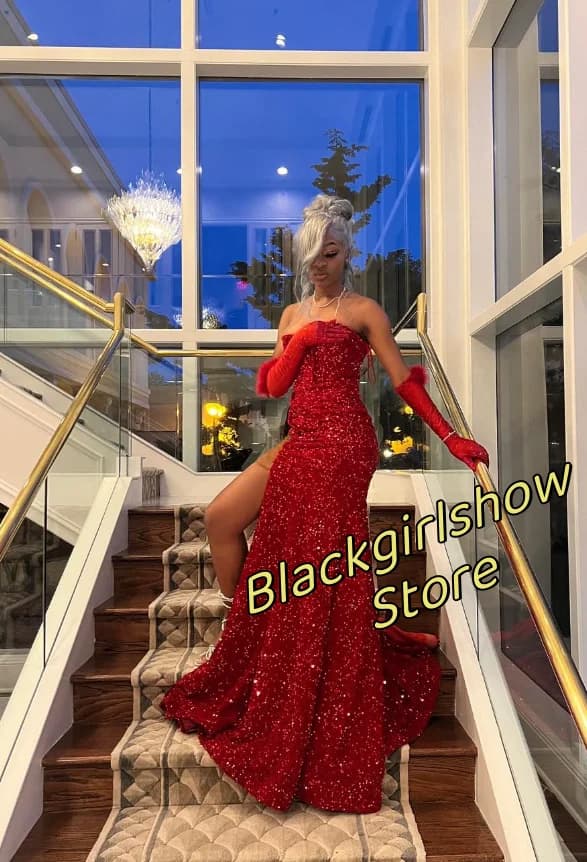 Red Floor-length Evening Dresses Noble Fashion Elegant Skinny Long Gowns Side Sexy Split Sparkling Party Dresses for Women