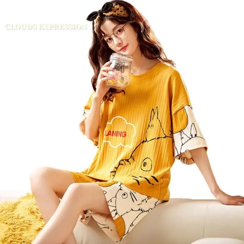 Summer new Women Pyjamas Cartoon Pajamas Sets Sleepwear Casual Nightwear Pijama Mujer Shorts short sleeve M-2XL home clothes set