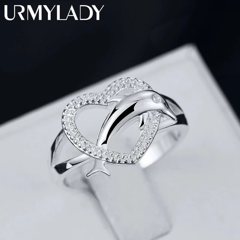 High quality 925 Sterling Silver fine Love dolphins heart Rings For Women Couple gifts Fashion Party wedding Jewelry