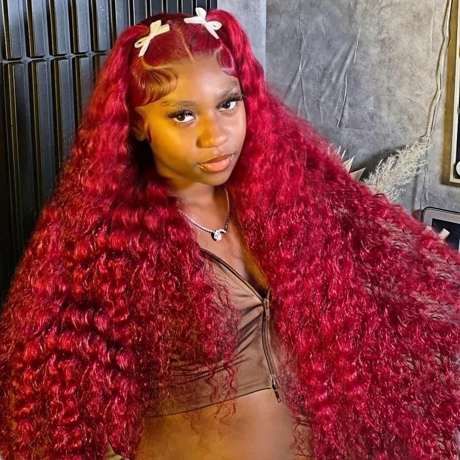 Burgundy 13x6 Hd Lace Frontal Human Hair Wig Deep Wave Curly Wigs For Women Water Wave Colored 99j Red 30 Inch Lace Front Wig