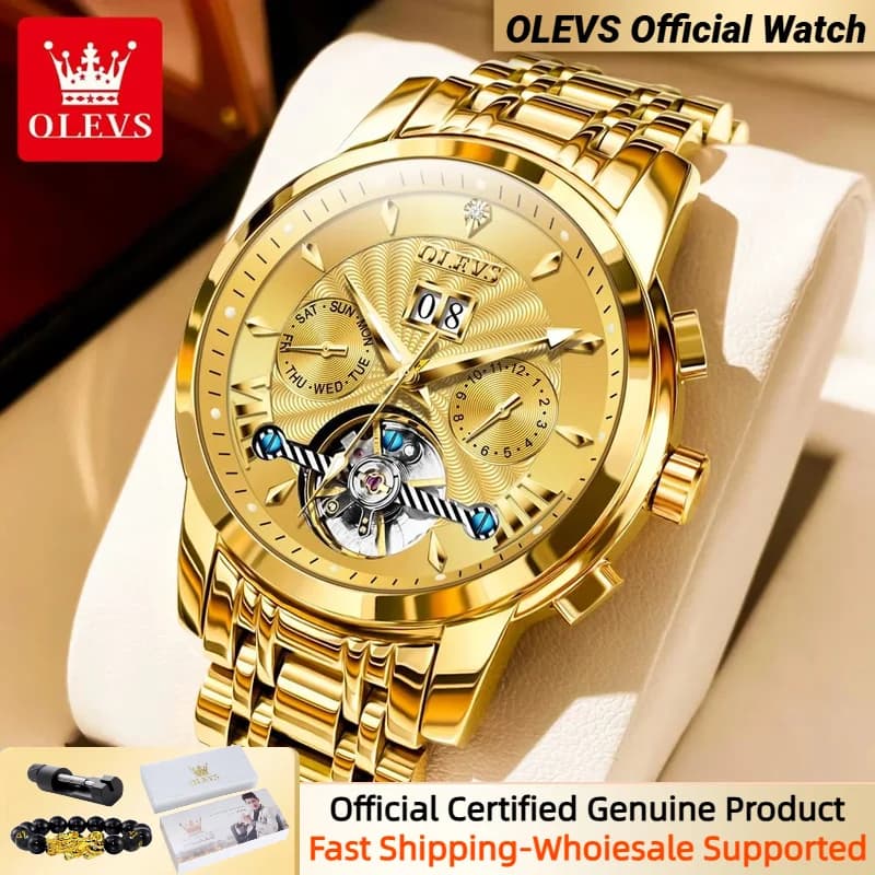 OLEVS 9965 TOP Brand Men's Watches Gold Watch Tourbillon Design Roman Scale Fashion Wristwatch Automatic Mechanical Luxury