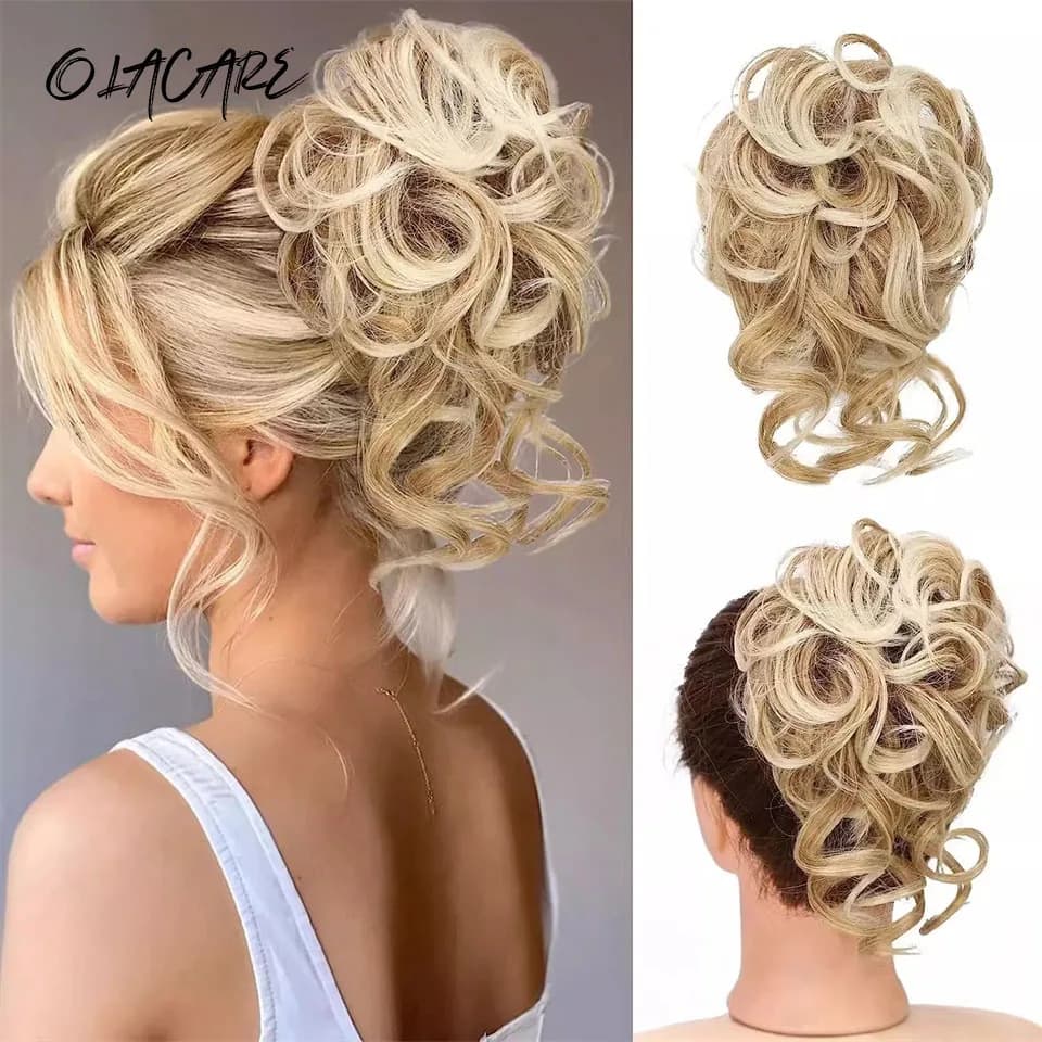 OLACARE Synthetic Hair Bun Chignon Messy Curly Hair Band Elastic Scrunchy False Hair Pieces For Women Hairpins Black Brown