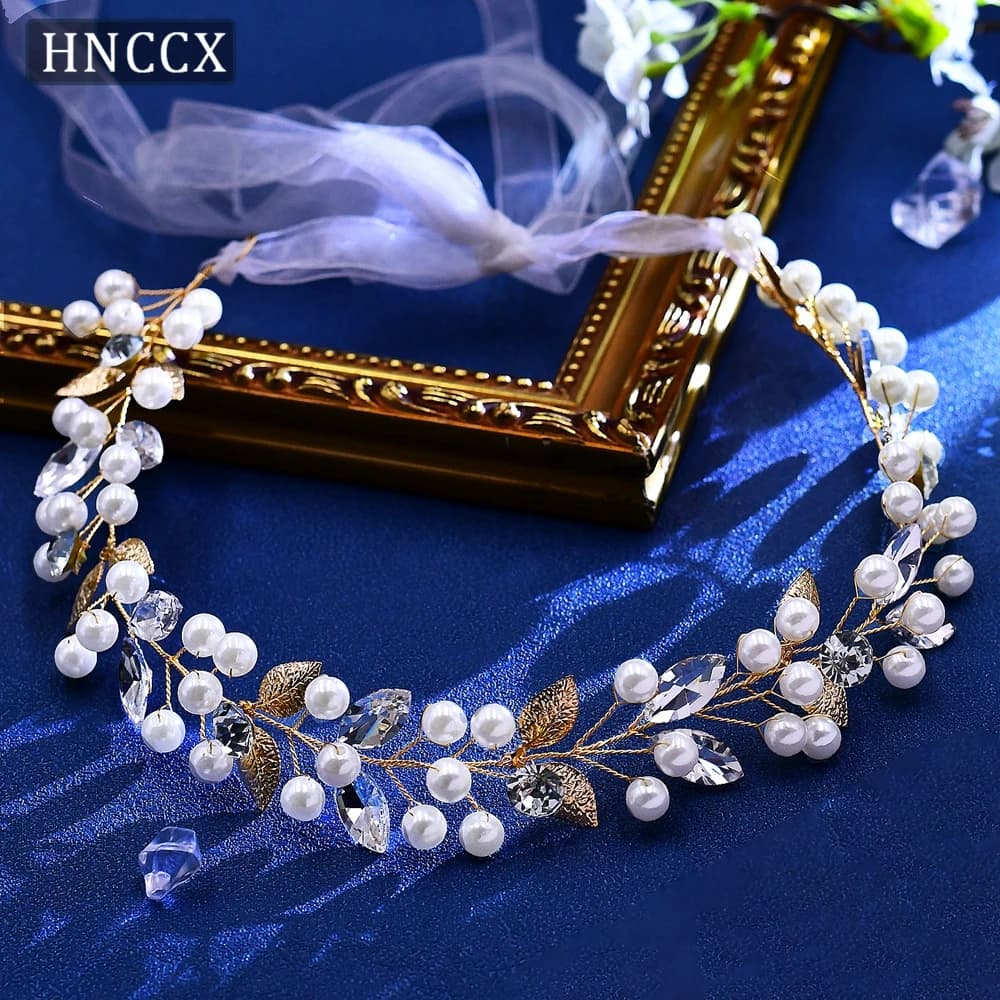 HNCCX Golden Color Bride Flowen Headband Alloy Leaf Wedding Hair Band Women Pearl Headpieces Handmade Hair Accessories CP736