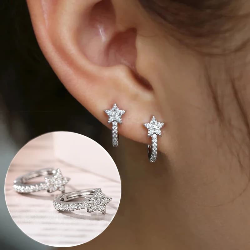 Huitan Fashion Star Hoop Earrings with Dazzling CZ Simple Stylish Ear Accessories for Women Silver Color Exquisite Girls Jewelry