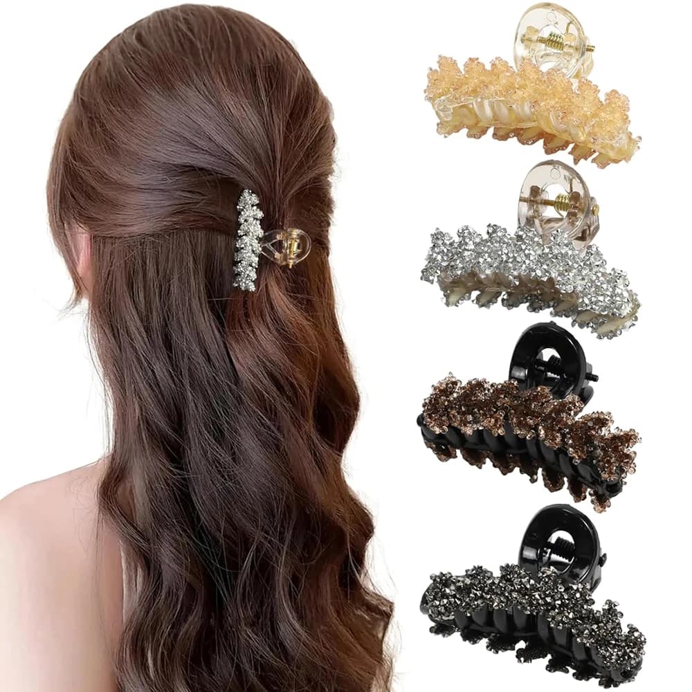 Rhinestones Leaf Shaped Hair Claw Small Size Crystal Wheat Shark Jaw Clamp For Strong Hold Bun Women Girls Daily Use Headwear