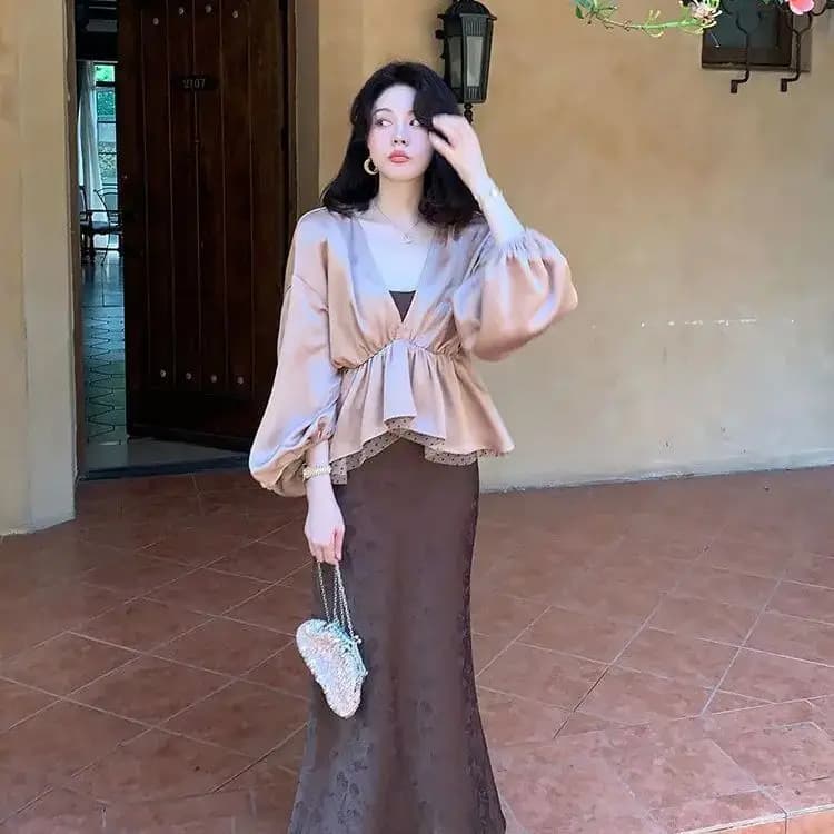 Single Piece/Two Piece Set Solid Color Lantern Sleeve Top Vase Body Suspender Dress Women New Autumn Skirt Suit