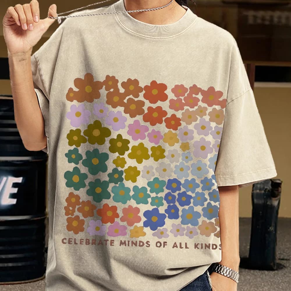 100% Color Flower Letter Print T-Shirt Loose Retro Old Shoulder Wash Couple Clothing Designer New Trend Summer Short Sleeves