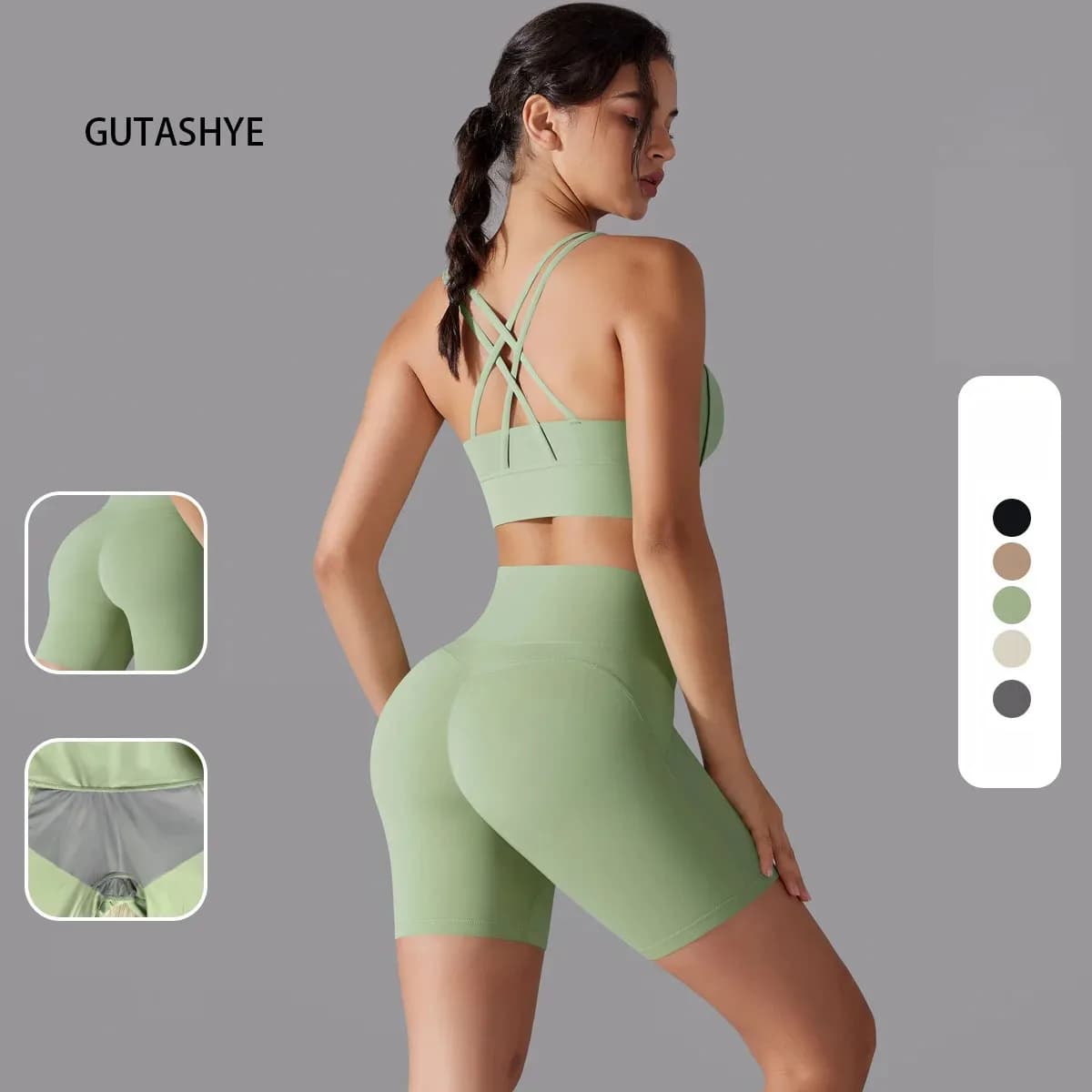2PCS Seamless Knit Breathable High Stretch Yoga  No Underwear Yoga Shorts Back Cross Sports Underwear Sports Suit Women's Gym